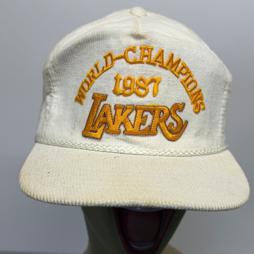 Vtg 1987 Los Angeles Lakers World Champions Corduroy Snapback Hat AmaPro Cream